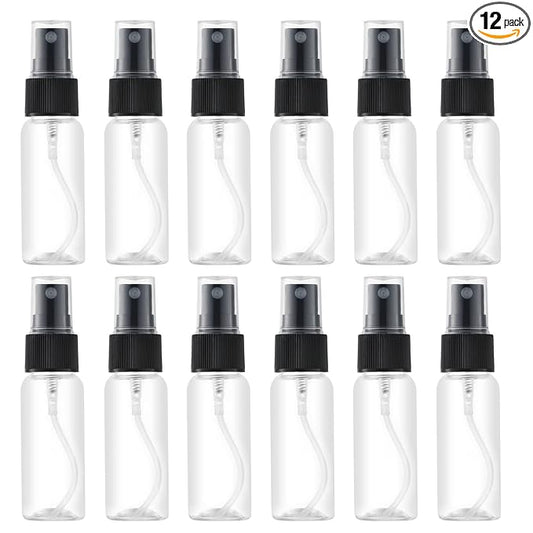 LISAPACK 1oz Small Plastic Spray Bottle (12 Pack) Empty Mini Fine Mist Travel Size Atomizer, Tiny Sprayer for Little Perfume, Water, Cologne, Alcohol, Samples (Clear, 30ml)