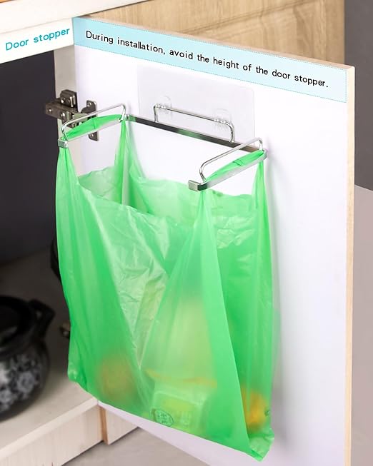 YQh Garbage Bag Holder Stainless Steel for Kitchen Cabinet Doors and Walls, Under Sink Plastic Bag Hooks, Kitchen Trash Can, Grocery Bag Holder, Front Opening Design, Easy to Pick and Place