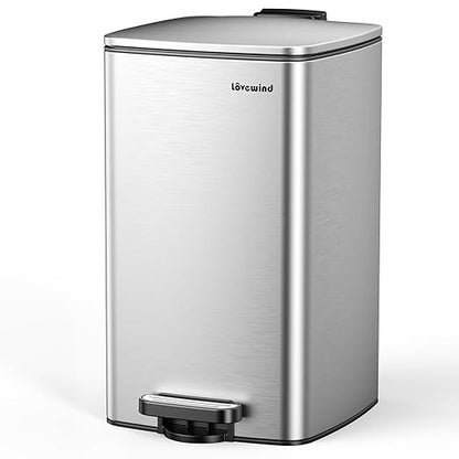 Lovewind Kitchen Trash Can with Lid, 8 Gallon/30 L Footstep Garbage Can for Kitchen Bedroom Home Office, 30 Liter Trash Bin Brushed Stainless Steel Waste Bin with Soft-Close Lid,Silver