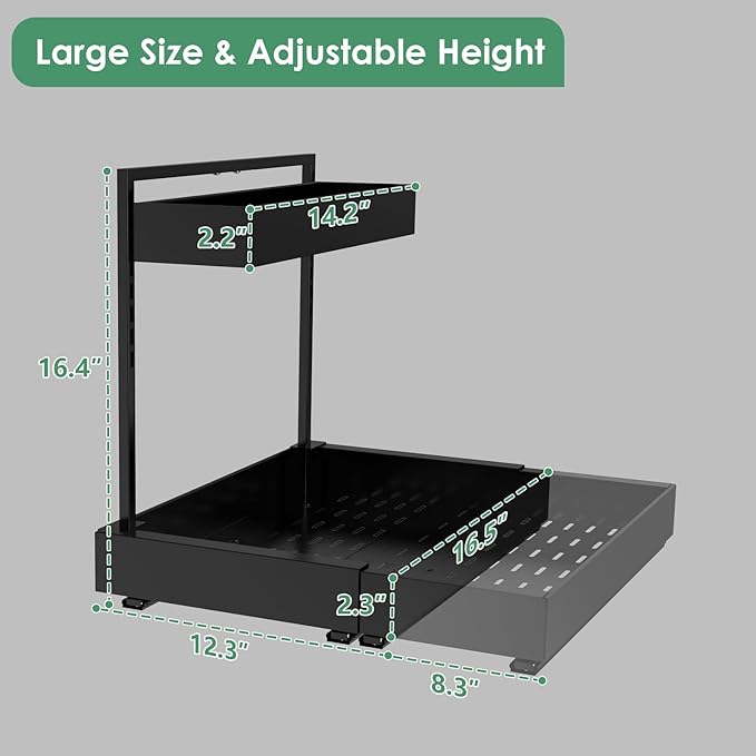 REALINN L-Shaped Under Sink Organizer with 6-Level Height Adjustment & Expandable Width, Pull-Out Cabinet Storage Rack with Quiet Sliding Rails for Kitchen, Bathroom, Black, 2 Pack