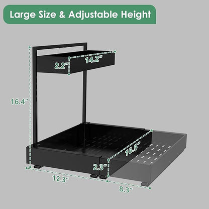 REALINN L-Shaped Under Sink Organizer with 6-Level Height Adjustment & Expandable Width, Pull-Out Cabinet Storage Rack with Quiet Sliding Rails for Kitchen, Bathroom, Black, 2 Pack