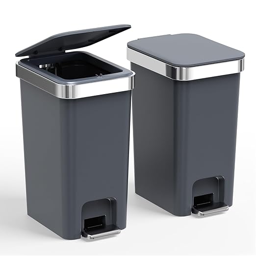 2 Pack Bathroom Garbage Can with Lid, 2.6 Gallon /10 Liter Small Trash Can, Press Top Bin & Step Metal Pedal Trash Bin, Waste Basket for Bedroom, Home Offices, Small Spaces, Dorm (Black Gray)