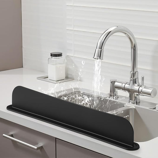 19.3 inch Sink Water Splash Guard, Silicone Sink Splash Guard, Backsplash Protector for Kitchen Countertop & Bathroom Bathtub with Non-Slip Strong Suction, Black