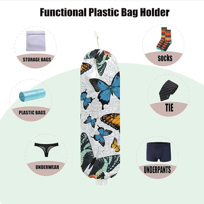 Butterfly Plastic Bag Holder, Flower Wall Mount Plastic Bag Holders for Grocery Bags, Washable Grocery Bags Storage Dispenser for Home Kitchen Pantry Decor, Butterfly Gifts for Women Mom Wife