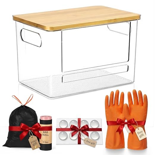 Trash Bag Dispenser with Front Opening, Stackable Garbage Bag Holder for Kitchen & Home, Fits 2.5 Gallon Bags, Includes Reusable Gloves, Adhesive Anti-Slip Pads & 15 Trash Bags–Extra Large Organizer