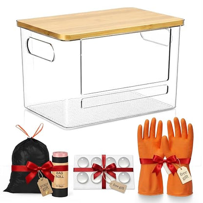 Trash Bag Dispenser with Front Opening, Stackable Garbage Bag Holder for Kitchen & Home, Fits 2.5 Gallon Bags, Includes Reusable Gloves, Adhesive Anti-Slip Pads & 15 Trash Bags–Extra Large Organizer