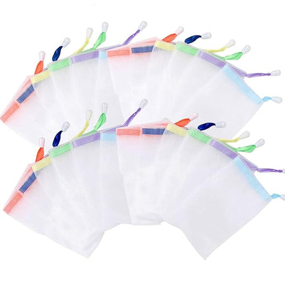 INVODA 32 PCS Soap Net Bag Double Layer Drawstring Soap Mesh Soft Bath Soap Net for Facial Body Exfoliation Cleaning Tool (Random Color)