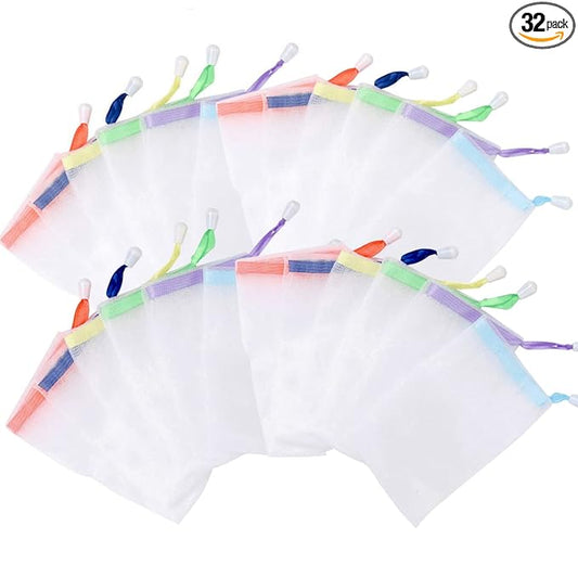 INVODA 32 PCS Soap Net Bag Double Layer Drawstring Soap Mesh Soft Bath Soap Net for Facial Body Exfoliation Cleaning Tool (Random Color)