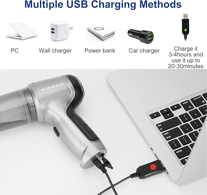 WADEO Handheld Vacuum Cordless, 9000PA Car Vacuum Portable Cordless, Mini Vacuum Cleaner, 0.7lb Ultra-Light, 4-in-1 Versatile Rechargeable Handheld Vacuum for Car, Home, Pet Hair Cleaning