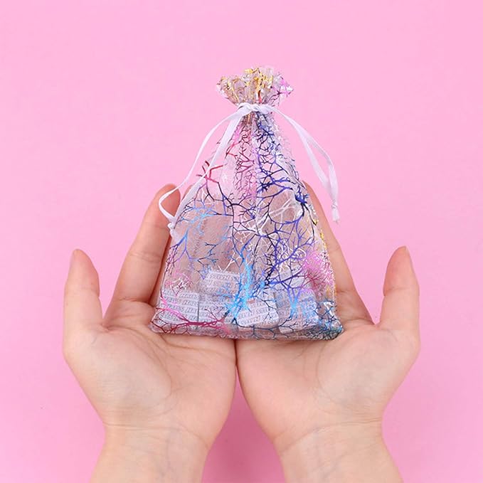 100pcs 5x7 inches Gift Wrap Bags Mixed Color Coralline, Organza Sheer Satin Ribbon Fabric, Drawstring Pouches for Baby Shower Favor, Party Wedding Favors Decoration, Candy, Christmas Ornament,Beach