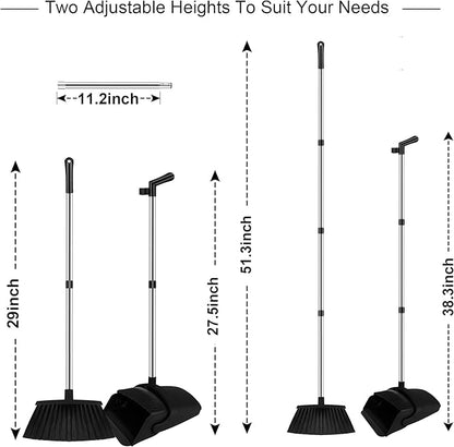 Broom and Dustpan Set with Long Handle, 51" Upright Broom & 39" Dustpan Combo, Pet Hair Rubber Lip Dustpan with Built-in Comb, Standing Dust Pan Set for Home Kitchen Office Indoor Use
