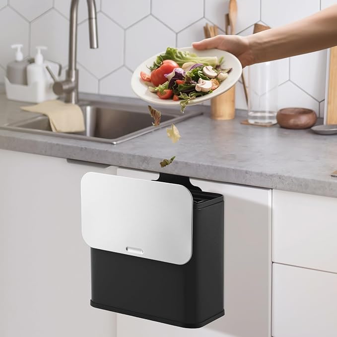 GarveeHome 1.3 gal/5L Countertop Compost Bin with Lid, Hanging Small Trash Can with Odor Control Charcoal Filter ＆ Bucket Under Sink for Kitchen, Hanging/Wall Mounted/Standing Food Waste Bin, Black