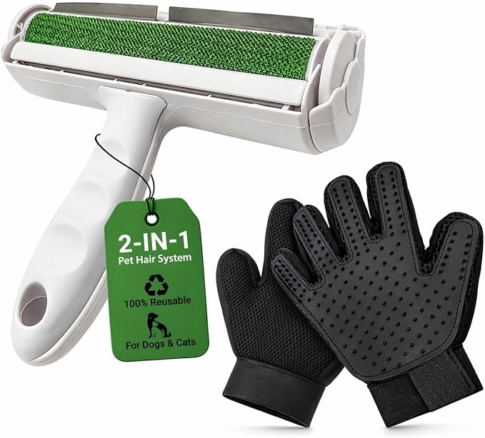Pet Hair Remover Roller with 2 Grooming Gloves – Reusable Lint Remover for Dogs and Cats (Green)