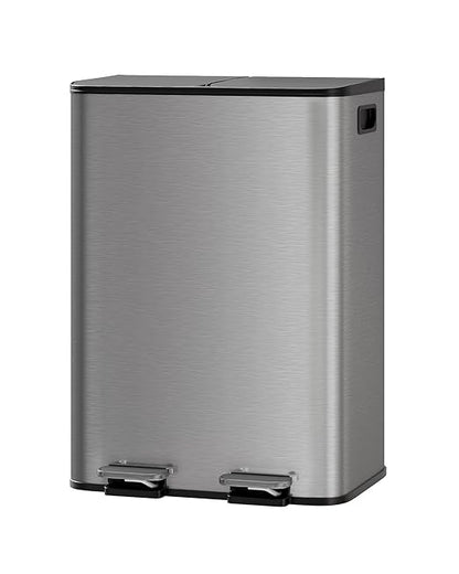2 x 8 Gal (2 x 30 L) Dual Compartment Trash Can - Stainless Steel Garbage Recycling Bin with Soft Close Lids, Removable Liner Buckets, 16 Gallon/60 L Step on Kitchen Waste Container - Grey