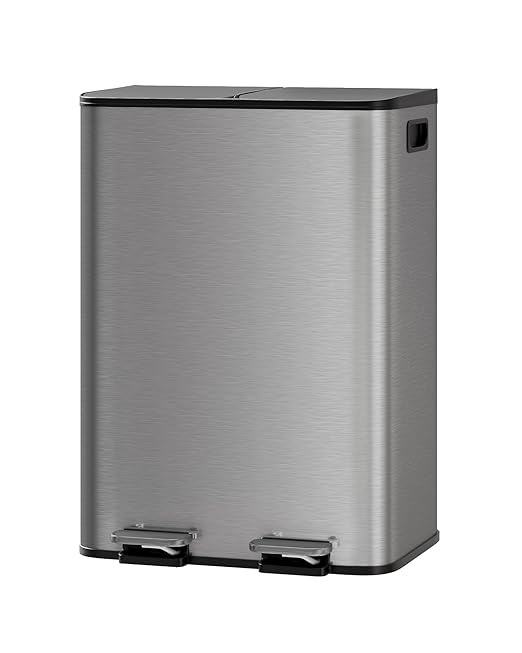 2 x 8 Gal (2 x 30 L) Dual Compartment Trash Can - Stainless Steel Garbage Recycling Bin with Soft Close Lids, Removable Liner Buckets, 16 Gallon/60 L Step on Kitchen Waste Container - Grey