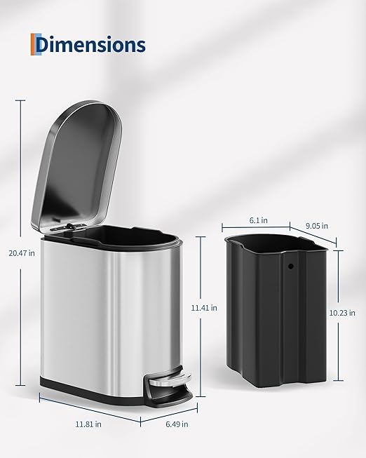 GarveeHome 1.6 Gal Step-On Trash Can, Stainless Steel Small Bathroom Garbage Bin with Soft Close Lid, Slim Space-Saving Design, Removable Inner Bucket for Bathroom, Bedroom, Office, Silver