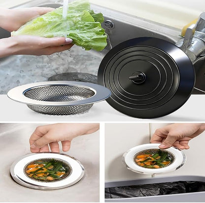 Seatery 4PCS Kitchen Sink Strainer Stopper Kit, Universal Silicone Sink Drain Plug Cover, Drain Water Stopper, 4.5 Inch Stainless Steel Sink Drain Strainer, Food Debris Catcher for Kitchen