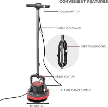 XtremepowerUS 10" Heavy Duty Commercial Pad Polisher Orbiter Hard Floor Buff Cleaner Machine, Wide Cleaning Path Floor Cleaning, 39ft Cord
