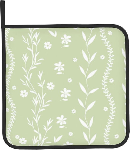 Sage Green Oven Mitt Pot Holder Set Floral BBQ Cooking Gloves Farmhouse Botanical Baking Grilling Kitchen Gifts for Spring Summer