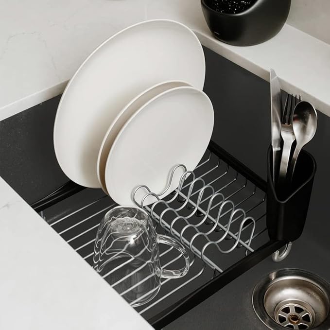 Umbra Sinkin Dish Rack - Over the Sink Organizer with Drainer & Utensil Holder - Compact Kitchen Storage Black