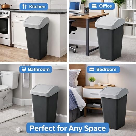 SKYREN 13 Gallon Kitchen Trash Can with Swing Top Lid, Plastic Garbage Bin for Home, Office, and Kitchen Waste, Large Capacity Wastebasket, Light Gray (12 Gallon)