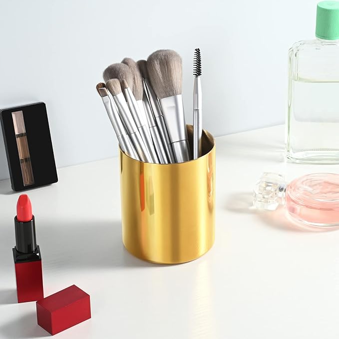 2 Packs Gold Round Stainless Steel Pen Holder,Pencil Cup Desktop Stationery Organizer,Vacuum Plating Makeup Brush Holder