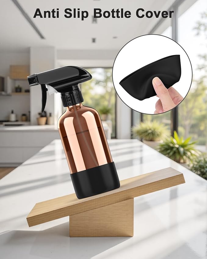 Bontip Amber Glass Spray Bottle with Silicone Sleeve Protection, 8 oz Refillable Spray Bottles for Cleaning Solutions, Plants, Aromatherapy, Facial Hydration (1, Black, 8 oz)
