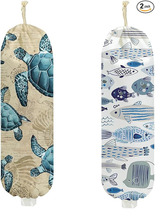 2Pcs Turtle Plastic Bag Holder 22.5x9 Inch, Fish Shells Wall Mount Grocery Bag Holder for Plastic Bags, Reusable Grocery Bags Storage Dispenser for Home Kitchen Decor, Sea Turtle Gifts for Women Mom
