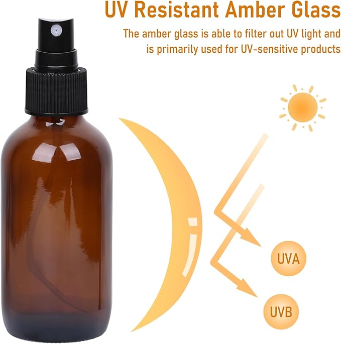 4 oz Amber Glass Spray Bottles 24 Pack, Leakproof Small Refillable Containers for Perfumes, Cleaning Products, Pet, Essential Oils - Empty Travel Size Bottles for Hair, Plants, Premium Sprayers