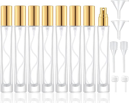 10ml Glass Spray Bottle, Thick Glass Atomizer, Perfume Decanter Kit, Small Travel Perfume Atomizer Bottle Refillable (8PCS, Gold)