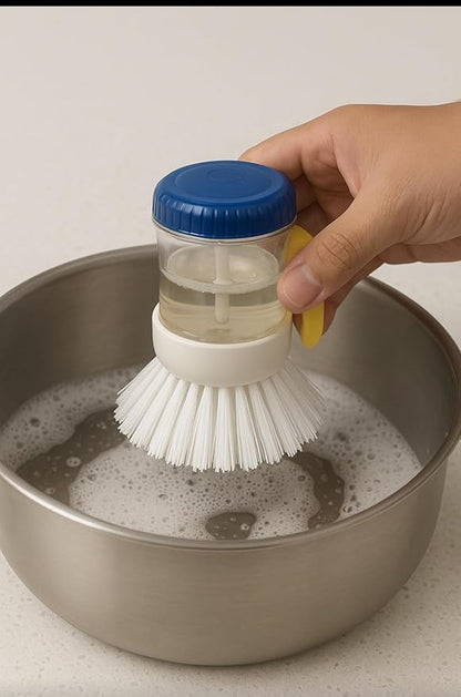 Kitchen Soap Dispenser Brush with Soap Storage Container, Blue Cap, Clear Plastic, White Bristles, Dish Washing Scrubber