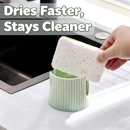 Ceramic Sponge Holder for Kitchen Sink, Quick Dry Sink Caddy Organizer with Non-Slip Base, Farmhouse Sponge and Brush Holder for Countertop, Bathroom or Kitchen, Vintage Green