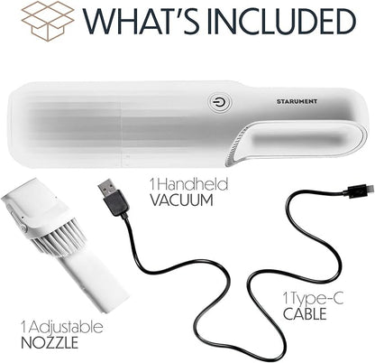 STARUMENT Portable Hand Vacuum Cleaner Handheld Cordless Cleaner for Dust Pet Hair Dirt, Home, Car Interior, Lightweight, Easy to Use, Compact Design Battery Rechargeable with USB-C Cable White