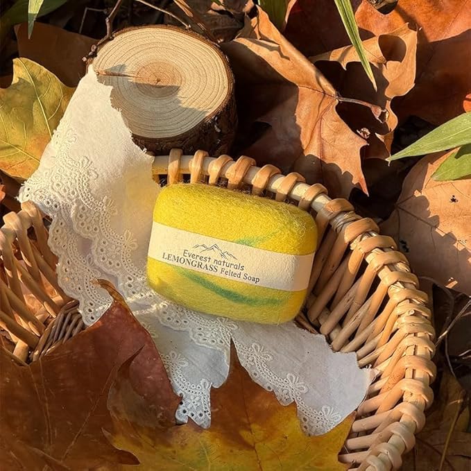 Handmade Felted Soap with Tibetan Yak Milk & Wool Natural Exfoliating Bar for Face & Body, 6 Scents, Includes Bamboo Dish & Travel Pouch (Sandalwood)