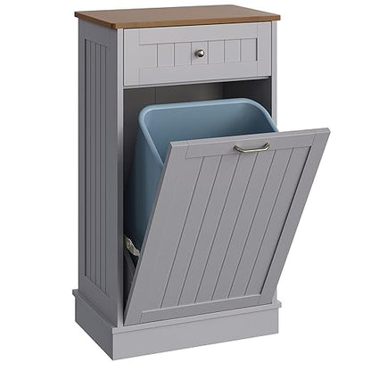 LOUVIXA Tilt Out Trash Can Cabinet, Hidden Trash Cabinet with Drawer, Wooden Dog Proof Trash Can Holder, Tilt Out Laundry Hamper, Garbage Can Holder (Gray)