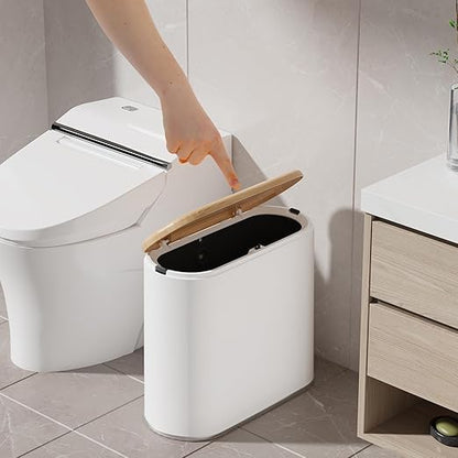 Small Bathroom Trash Can with Lid, 10L/2.6 Gal Slim Wastebasket - Odor & Pet Proof, Inner Bucket & Wood Grain Top, Plastic White Garbage Can for Kitchen, Bedroom, Living Room, Office, RV