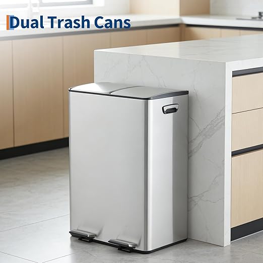 Garvee Dual Compartment Trash Can, 2 x 8 Gal (2 x 30L) Stainless Steel Recycling Bin with Anti-Slip Foldable Foot Pedal & Soft-Close Lid, Kitchen Garbage & Recycle Bin Combo - Silver
