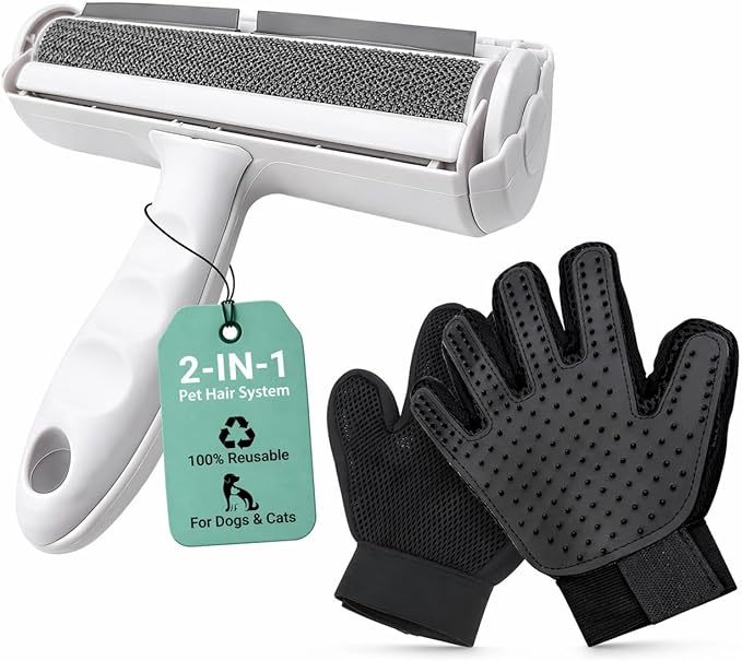 Pet Hair Remover Roller with 2 Grooming Gloves Reusable Lint Remover for Dogs and Cats (Gray)