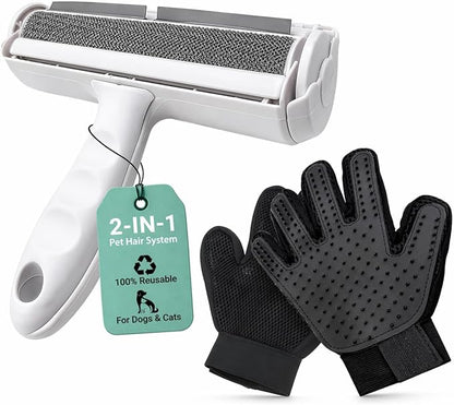 Pet Hair Remover Roller with 2 Grooming Gloves Reusable Lint Remover for Dogs and Cats (Gray)