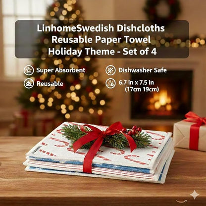 Christmas Holiday Swedish Dishcloth, Reusable Paper Towel, Super Absorbent Cellulose Sponge, Washable Kitchen Cleaning Cloth (Holiday Nutcrackers - 4 Pack)