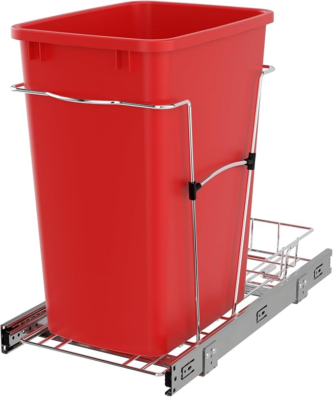 Rev-A-Shelf Pullout Trash Can for Kitchen Cabinets 35 Qt Garbage Waste Recyling Bin with Full Extension Slides, Red, RV-12KD-16C-S