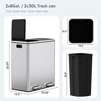 Arlopu Dual Trash Can, 2 x 8 Gallon (2 x 30 L) Hands-Free Trash and Recycle Bin Combo, Stainless Steel Kitchen Garbage Can with Soft-Close Lid, Removable Inner Buckets, Step Pedal, Airtight (Silver)