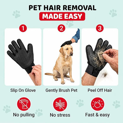 Pet Hair Remover Roller with 2 Grooming Gloves – Reusable Lint Remover for Dogs and Cats (Red)