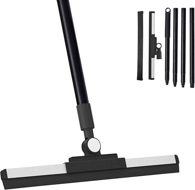 Floor Squeegee Broom - 52" Long Handle Rubber Scrubber for Bathroom, Tile, Shower, Glass, Pet Hair, Hardwood Floor - Adjustable Long Handle, Water Wiper with Replacement Blade (Black)