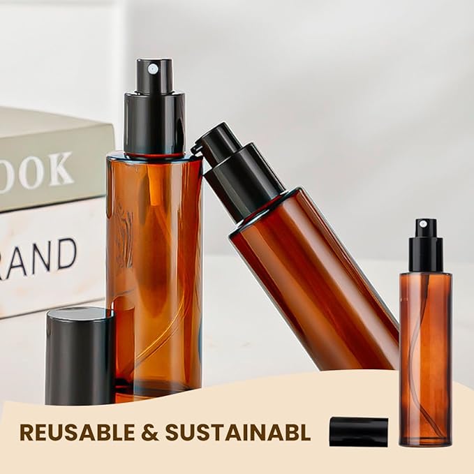 UPSTORE 2 Pcs 100ml 3.4oz Amber Glass Spray Bottles Refillable Fine Mist Spray Bottles Cosmetic Bottles Container Vials for Essential Oils Aromatherapy Perfumes Makeup
