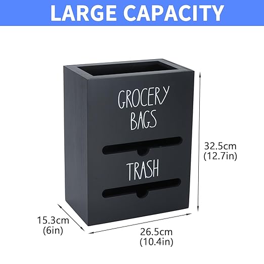 Trash Bag Dispenser, 2-in-1 Wall Mount Wooden Garbage Bag Holder, Under Sink Organizer for 4-13 Gallon Bags & Plastic Grocery Bags, Kitchen Cabinet Storage with Top Slot, Black