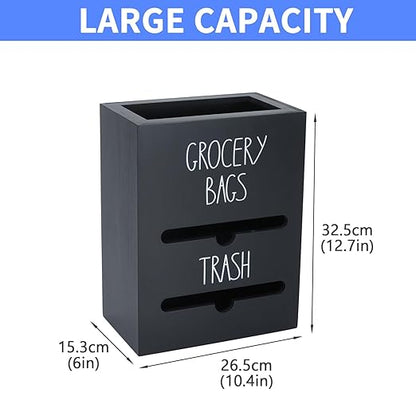 Trash Bag Dispenser, 2-in-1 Wall Mount Wooden Garbage Bag Holder, Under Sink Organizer for 4-13 Gallon Bags & Plastic Grocery Bags, Kitchen Cabinet Storage with Top Slot, Black