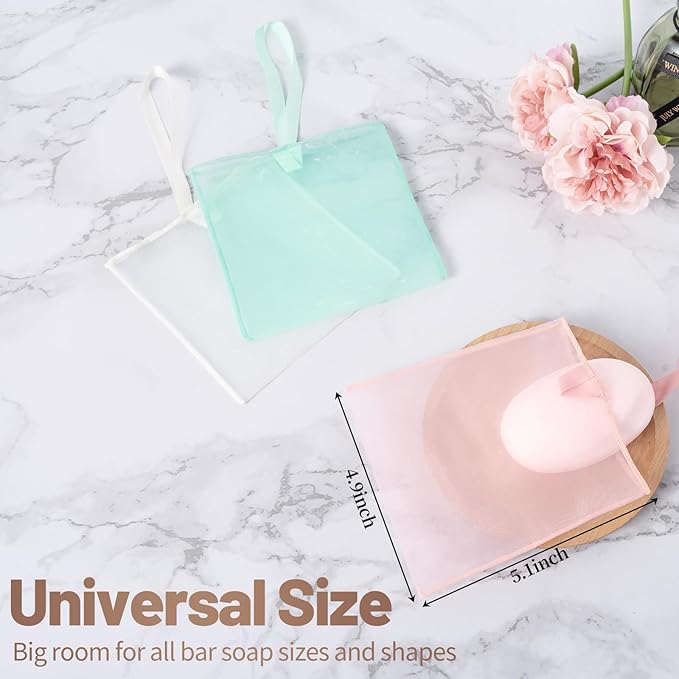 3pcs Bar Soap Saver Bag, Soft Organza Mesh Soap Pouch for Shower, Washing Body, Foamy Lather, Faster Drying &Extending Bar Conditioner Lifespan, Mild Exfoliation- Rose Pink, Mint Green, Creamy