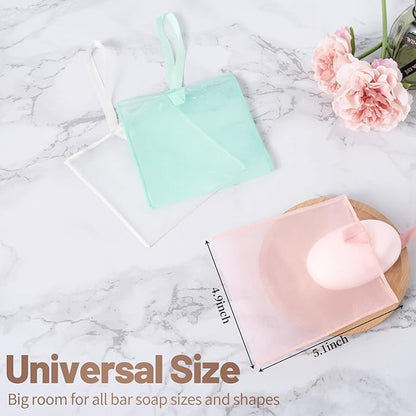 3pcs Bar Soap Saver Bag, Soft Organza Mesh Soap Pouch for Shower, Washing Body, Foamy Lather, Faster Drying &Extending Bar Conditioner Lifespan, Mild Exfoliation- Rose Pink, Mint Green, Creamy