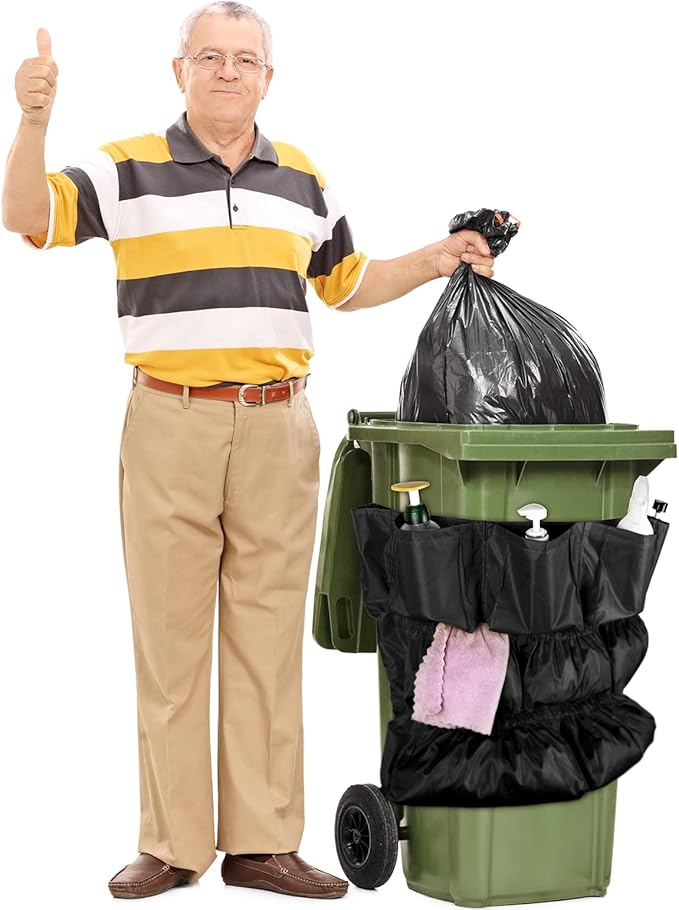 Frienda 4 Pcs Trash Can Caddy Bag Cleaning Caddy Bag for Garbage Bins Trash Holder Cart Garbage Bin Storage Organizer, Fits 32-50 Gallon Can, Janitorial Storage Cleaning Supplies (Black)